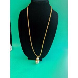 Vintage Gold Tone Necklace Magnetic Clasp Double Faux Pearl Pendant Long Jewelry